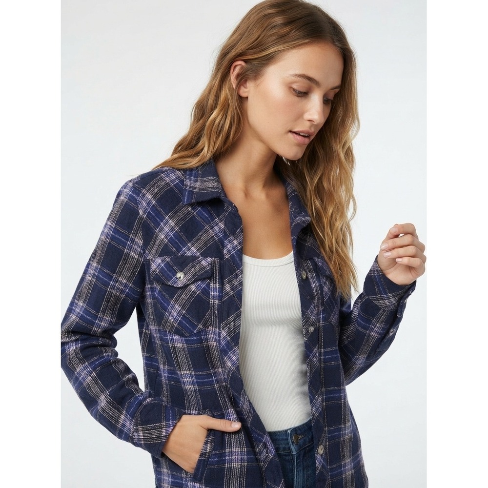 Sanctuary Plaid Flannel Shacket Button Down Cotton Shirt Jacket Navy Blue Small